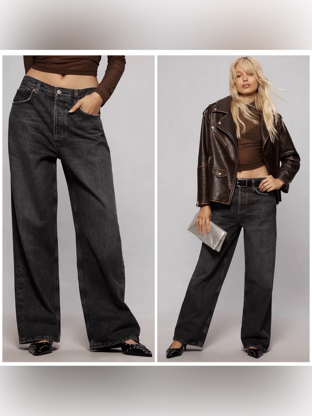 AGOLDE Low Slung Baggy Jeans Faded Black Cotton Wide Leg Flare Low Rise